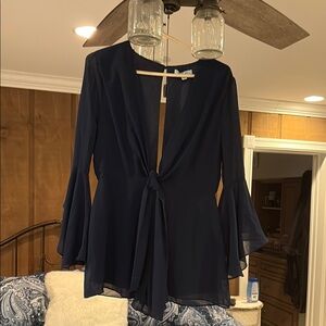 She and Sky Navy Tie-Front Blouse